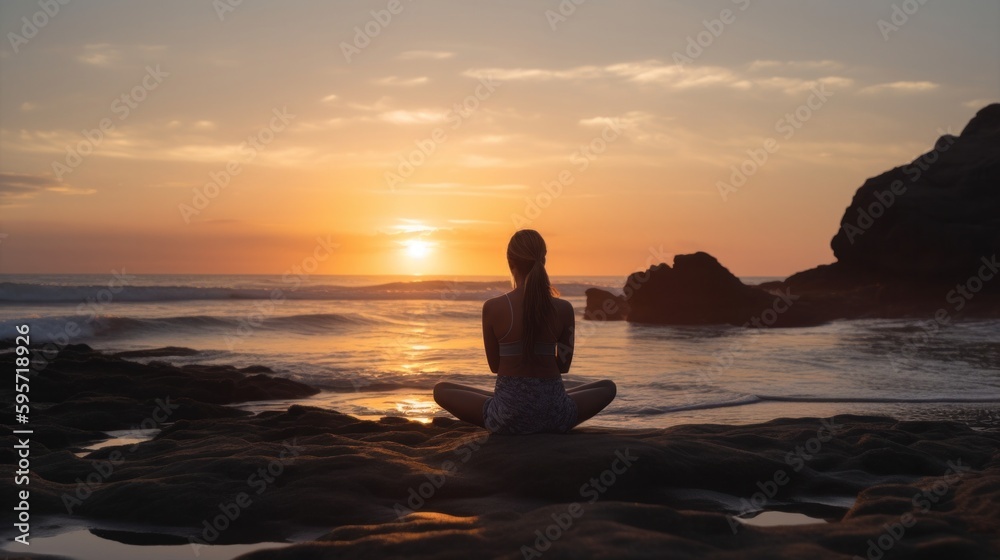 Rear view of a young woman practicing yoga by the sea at sunset. Generative AI.