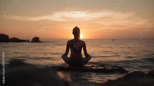 Rear view of a young woman practicing yoga by the sea at sunset. Generative AI. © Pro Hi-Res