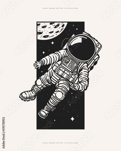Spaceman. Astronaut in open space with stars. A hand-drawn image of a flying cosmonaut in a spacesuit on a light background. Vector illustration in engraving style.
