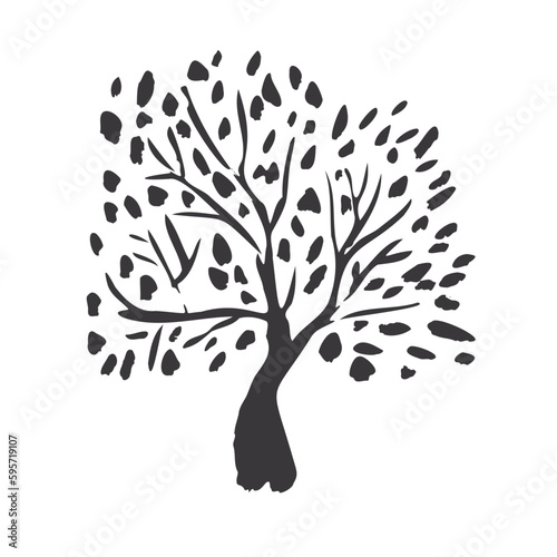 Simple textured vector black tree with branches and leaves silhouette. Abstract oak trees illustration for logo design, sticker, icon