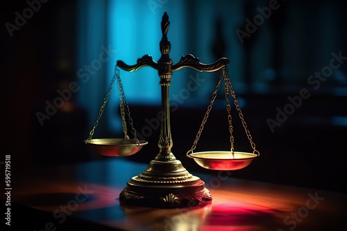 Photo of a golden balance scale on a wooden table. Justice concept