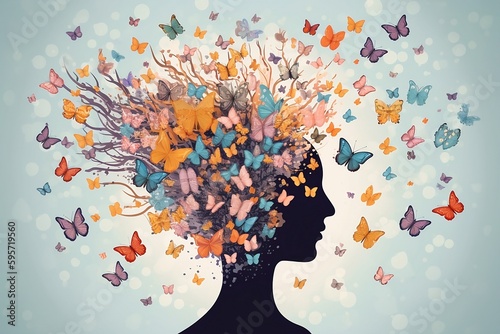 Fotografie, Obraz Head flowers butterfly mindful brain with butterflies, beautiful colorful illust