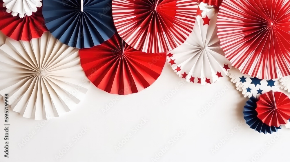 Decorations for 4th July, Independence Day USA. Paper fans and stars on white wooden background. Copy space, flat lay. Generative AI.