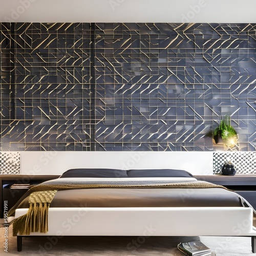 7 A contemporary bedroom with a platform bed, geometric wallpaper, and bold artwork1, Generative AI photo