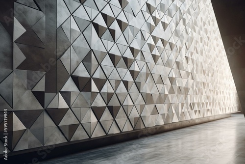 3D wall with natural stone textured tiles arranged in triangular pattern of semigloss blocks. Rendered. Generative AI