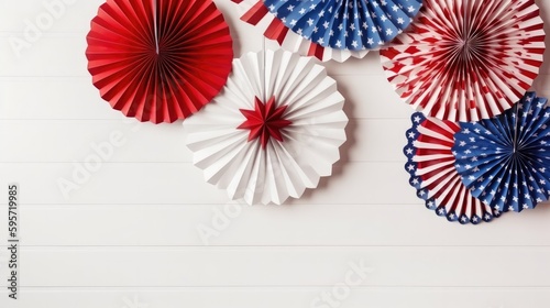 Decorations for 4th July, Independence Day USA. Paper fans and stars on white wooden background. Copy space, flat lay. Generative AI.
