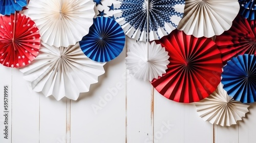 Decorations for 4th July, Independence Day USA. Paper fans and stars on white wooden background. Copy space, flat lay. Generative AI.