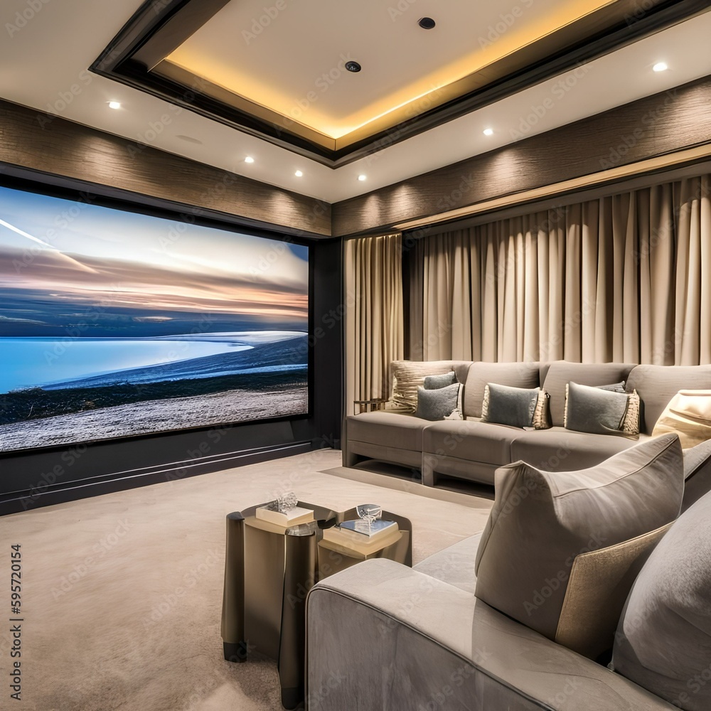 20 A contemporary home theater with plush seating, blackout curtains, and a large screen3, Generative AI 20 A contemporary home theater with plush seating, blackout curtains, and a large screen3, Generative AI