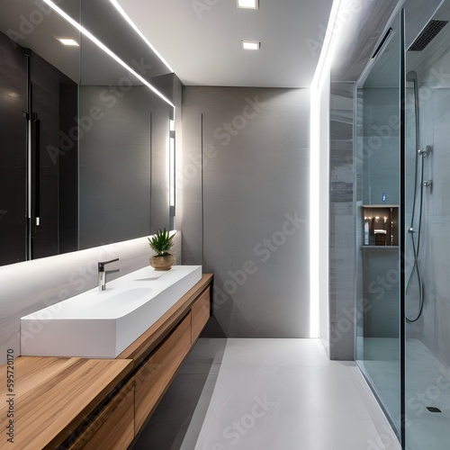 11 A minimalist bathroom with white tile  a floating vanity  and a frameless shower door1  Generative AI
