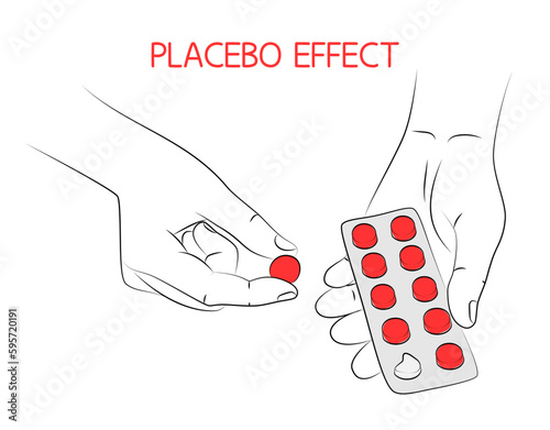 Placebo effect. Hand holds tablets in blister pack. Choice between taking or not taking pills. Medical, treatment and healthcare concept. Pharmacy help, medicine drug. Sketch, editable linear drawing