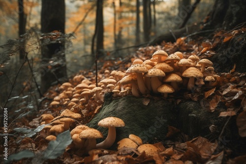 Autumnal mountain mushrooms in Umbrian park. Generative AI