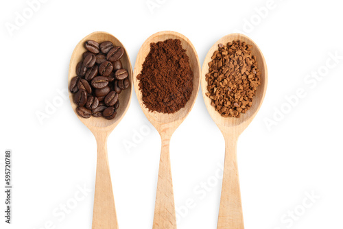Wooden spoons of beans, instant and ground coffee on white background, top view