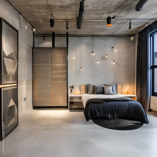 15 A modern, industrial-inspired bedroom with concrete floors, metal accents, and exposed pipes3, Generative AI photo