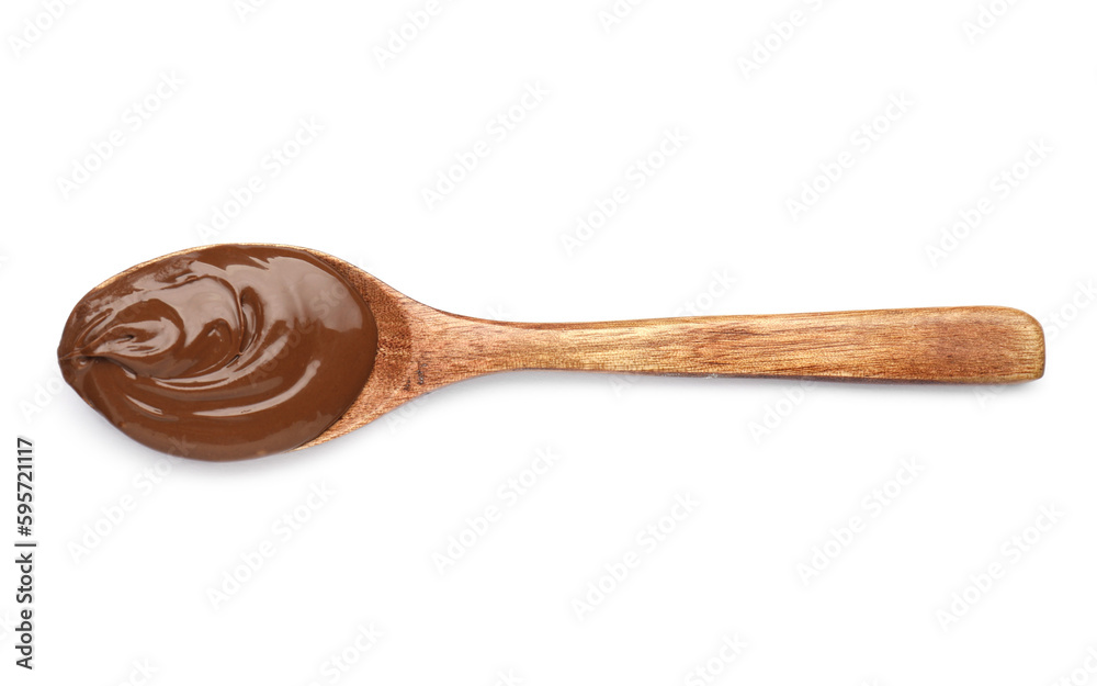Spoon with tasty chocolate paste on white background, top view Spoon with tasty chocolate paste on white background, top view