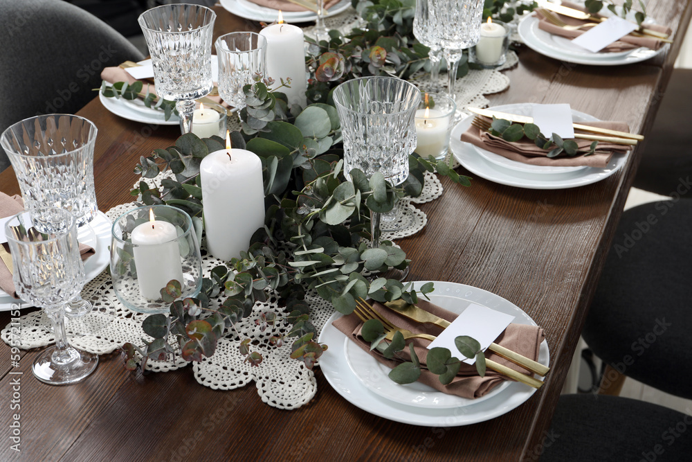 Fototapeta premium Luxury table setting with beautiful decor and blank cards. Festive dinner
