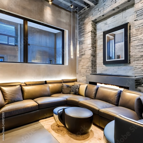 16 A modern, industrial-inspired living room with a concrete fireplace, metal accents, and a leather sofa5, Generative AI photo