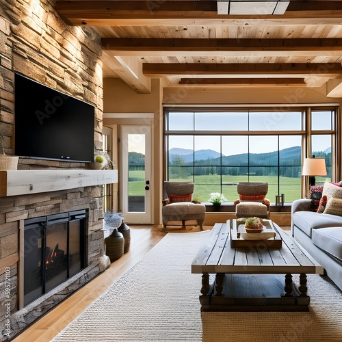 2 A cozy, farmhouse-style living room with a stone fireplace, exposed wooden beams, and a plaid sofa1, Generative AI photo