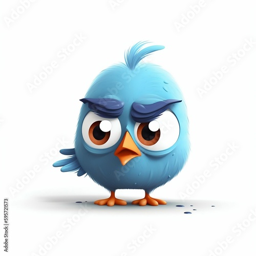 Unhappy Blue Bird Cartoon Illustration on White Background. Generative ai photo