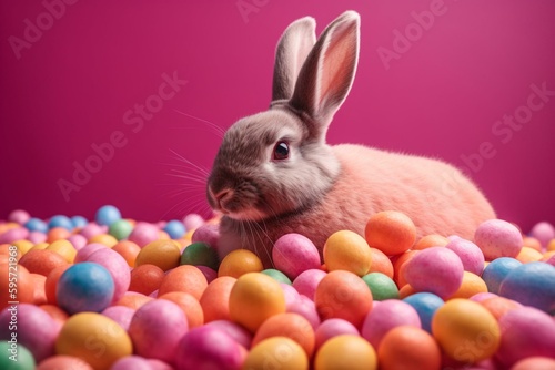 Adorable bunny surrounded by vibrant Easter eggs on a pink backdrop. Cartoonish artwork. Generative AI © Beatriz
