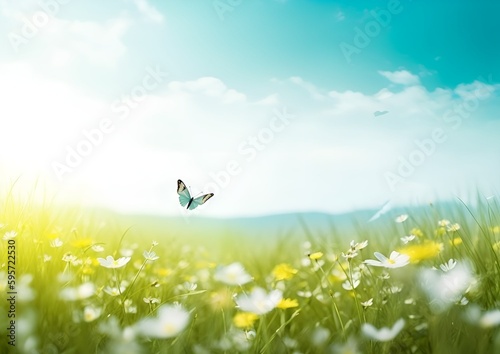 a butterfly is flying over a field of white daisies © Erik