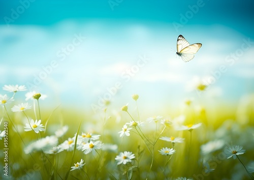 a butterfly is flying over a field of white daisies © Erik