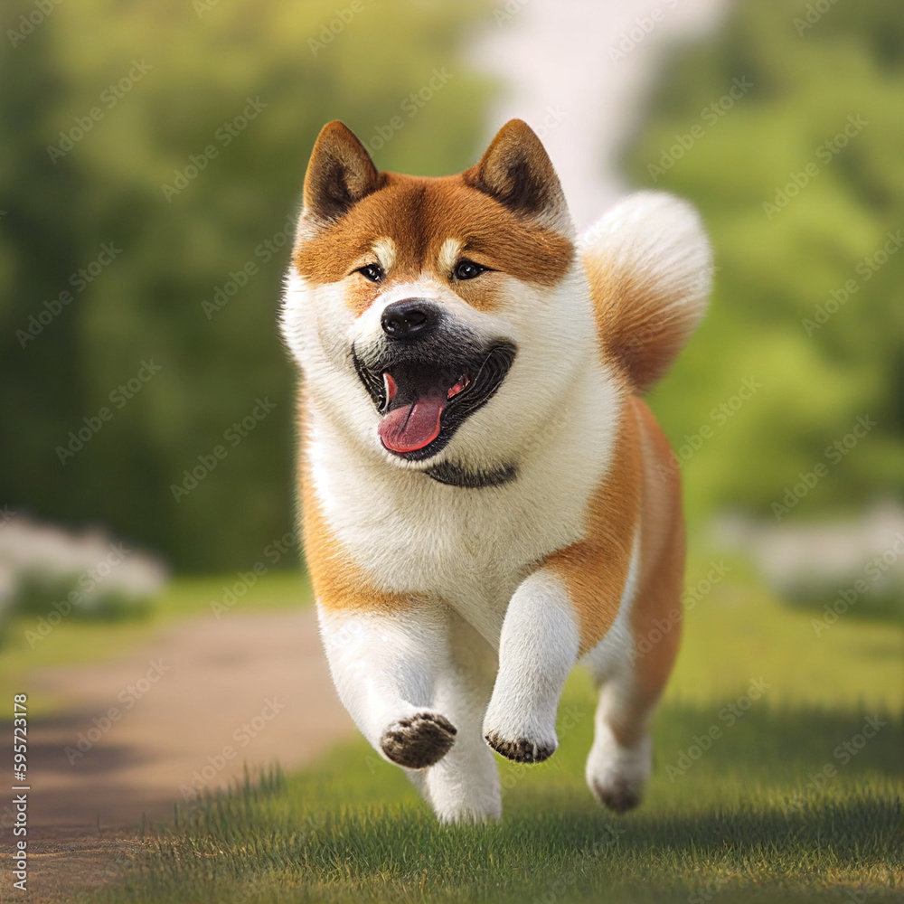 Cute male akita inu dog running in a park upfront