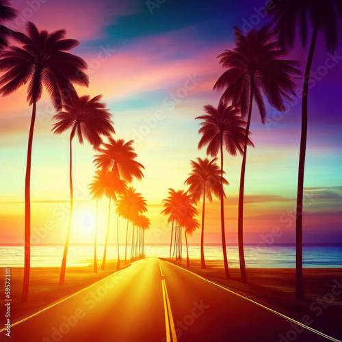 Palm trees along an empty road leading towards the ocean  sunset  generative AI