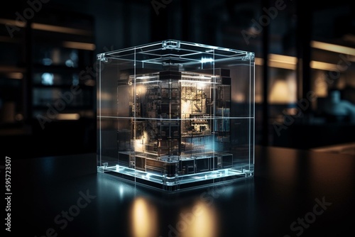 Image of a 4-sided architectural cube. Generative AI