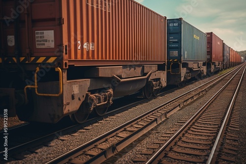 Train hauling multiple cargo containers and freight cars. Generative AI