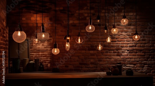 Many pendant lamps againts red brick wall. Al generated