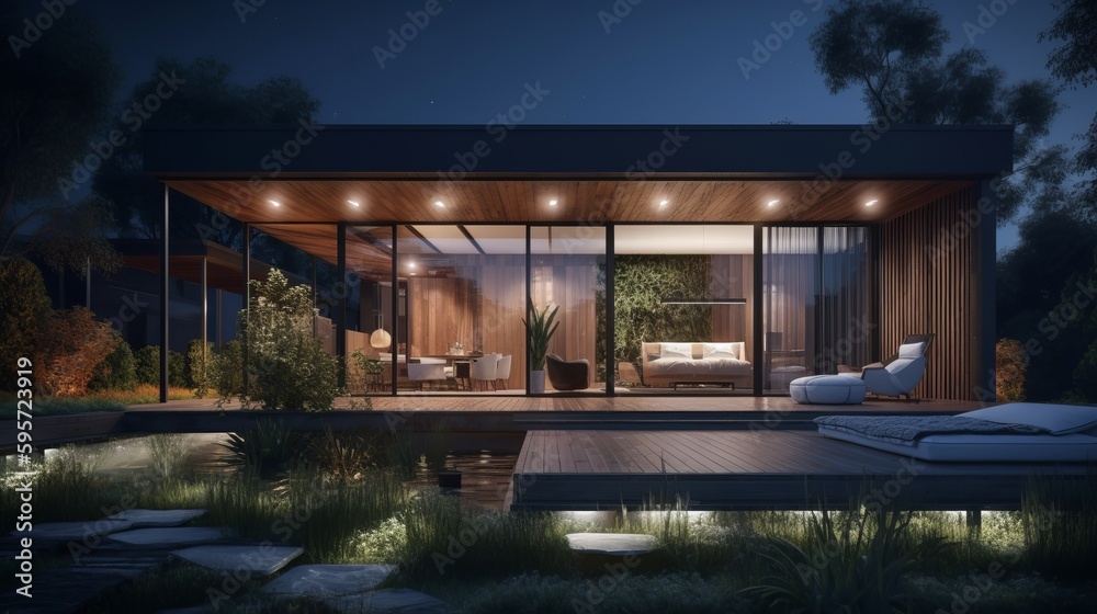 Modern house with garden at night. AI generated Modern house with garden at night. AI generated