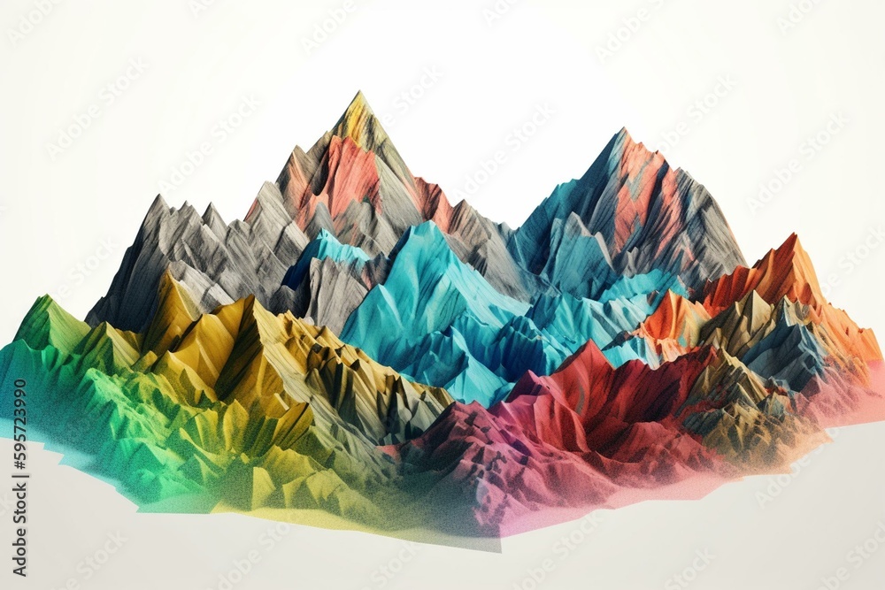 Illustration of multicolored mountains against white backdrop. Generative AI
