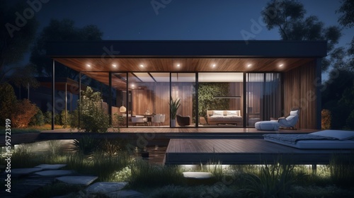 Modern house with garden at night. AI generated © ArtStage