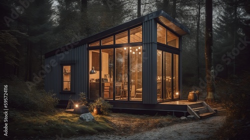 Modern tiny house in forest barnhouse cozy realistic. Al generated © ArtStage