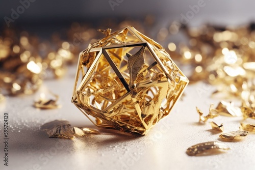 Decorative gold polyhedron art for luxury wedding invitation with modern abstract elements isolated on white. Generative AI