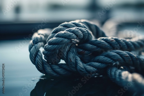 Close-up of sailboat knot on blue water background. Generative AI