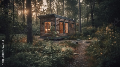 Modern tiny house in forest barnhouse cozy realistic. Al generated