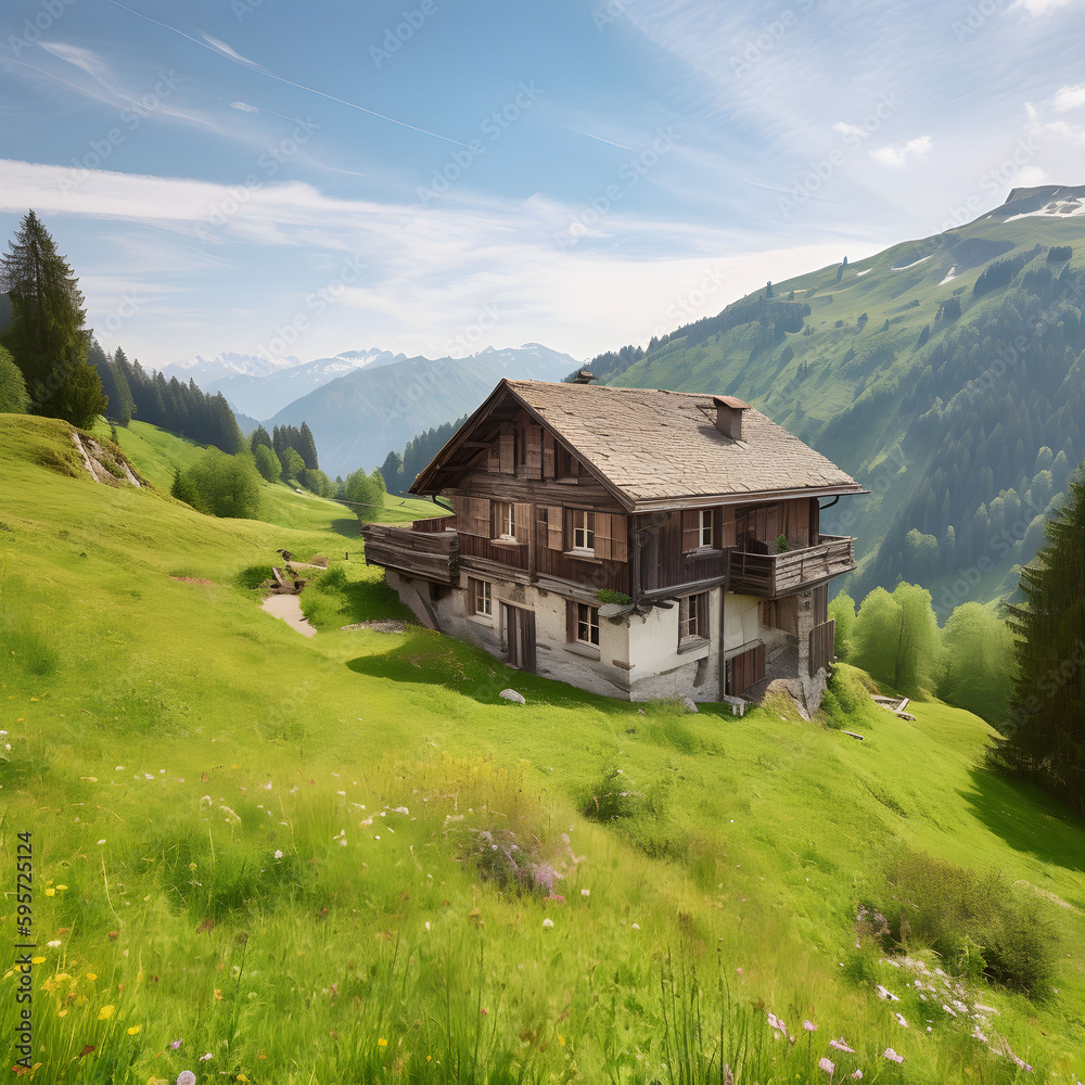 Peaceful house Serene Mountainside landscape with hills, mountains, cottage, trees, clouds