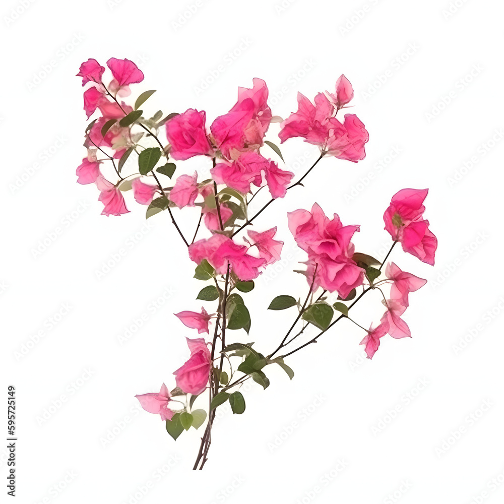 Fototapeta premium Blooming branches, pink red-purple flowers, and inflorescence of bougainvillea isolated on white background