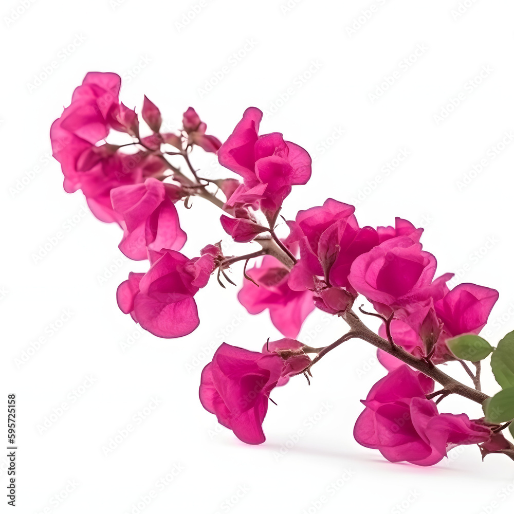 Fototapeta premium Blooming branches, pink red-purple flowers, and inflorescence of bougainvillea isolated on white background