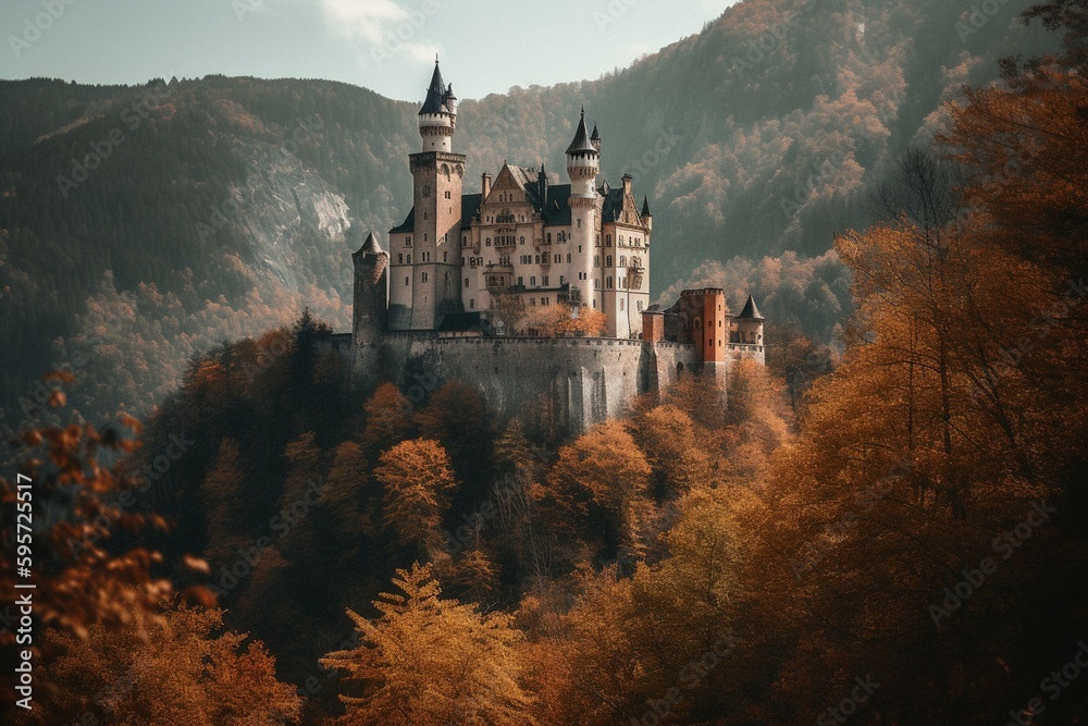 A castle atop the world, nestled among trees and mountains. Generative AI