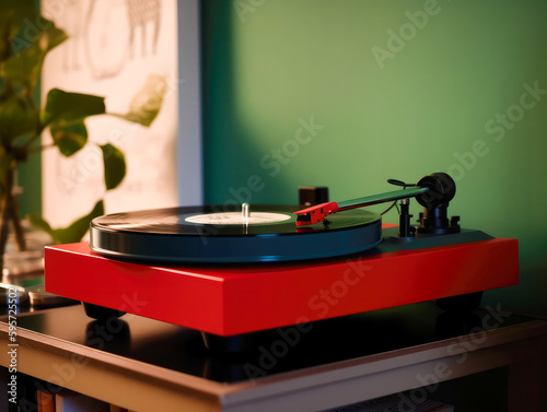 Vintage Red Turntable And Vinyl Record with Green Background. Generative ai