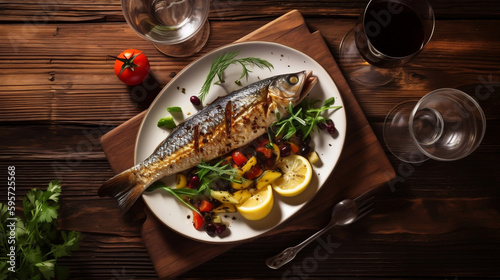 Grilled fish with lemon and salada, generative ai