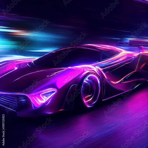 Futuristic supercar driving in the night in purple neon colors  generative AI