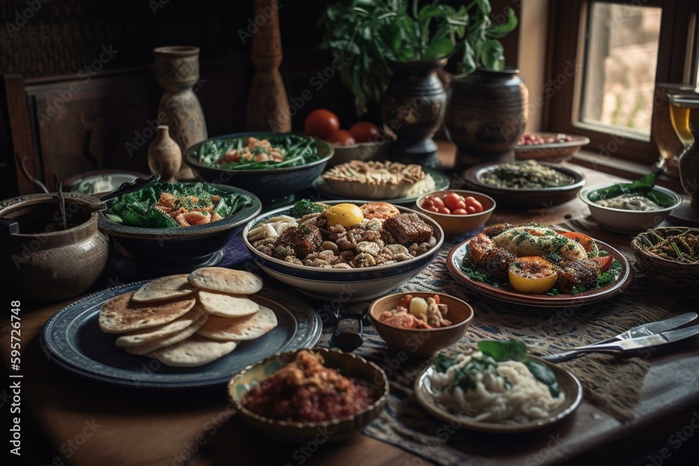 A traditional Middle Eastern lunch featuring Arabic cuisine. Generative AI