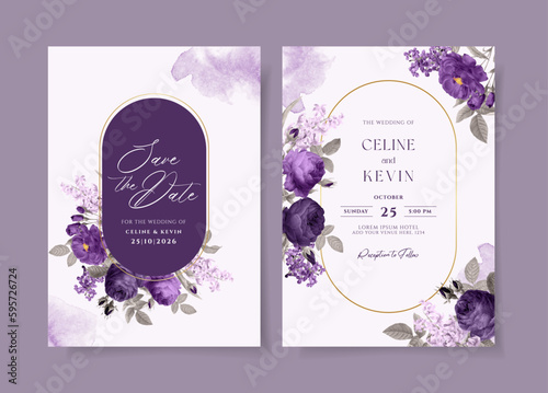 Watercolor wedding invitation template set with romantic purple violet floral and leaves decoration
