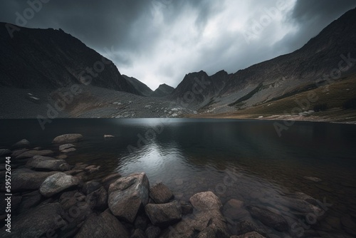 A mountainous lake, cloudy skies, rocks and water. Generative AI