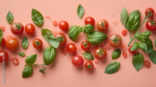 Cherry tomatoes and basil on pastel background generated with Generative AI technology