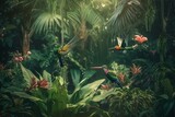 Digitized garden scene with watercolor flowers, hummingbirds, and palm leaves. Generative AI