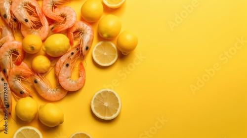 Shrimps and lemons with copy space generated with Generative AI technology